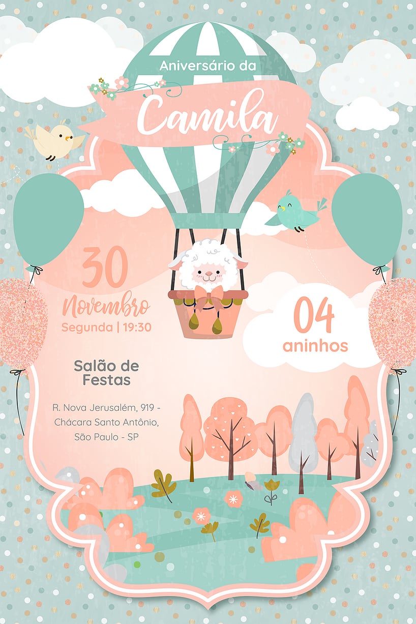 Modelo de Convite de Aniversario - Ovelha Baloeira verde Criar convite de aniversário - Ovelha Baloeira verde| FestaLab