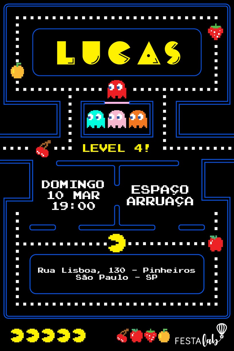 Modelo de Convite de Aniversario - Pac-Man Criar convite de aniversário - Pac-Man| FestaLab