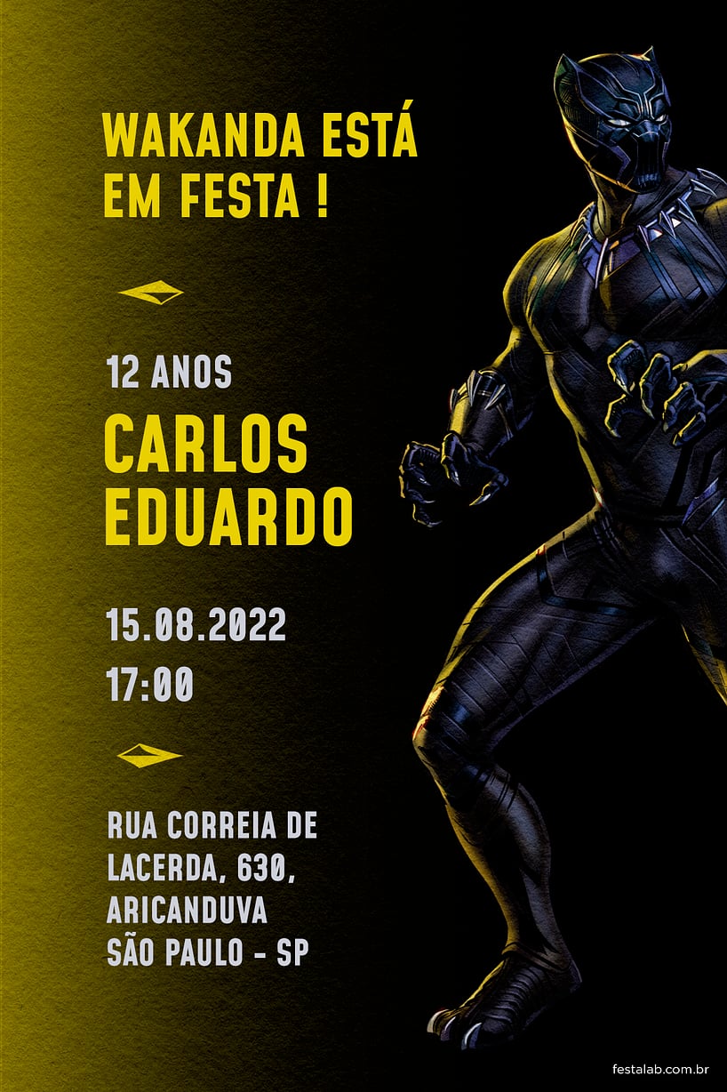Modelo de Convite de Aniversario - Pantera Negra Amarelo Criar convite de aniversário - Pantera Negra Amarelo| FestaLab