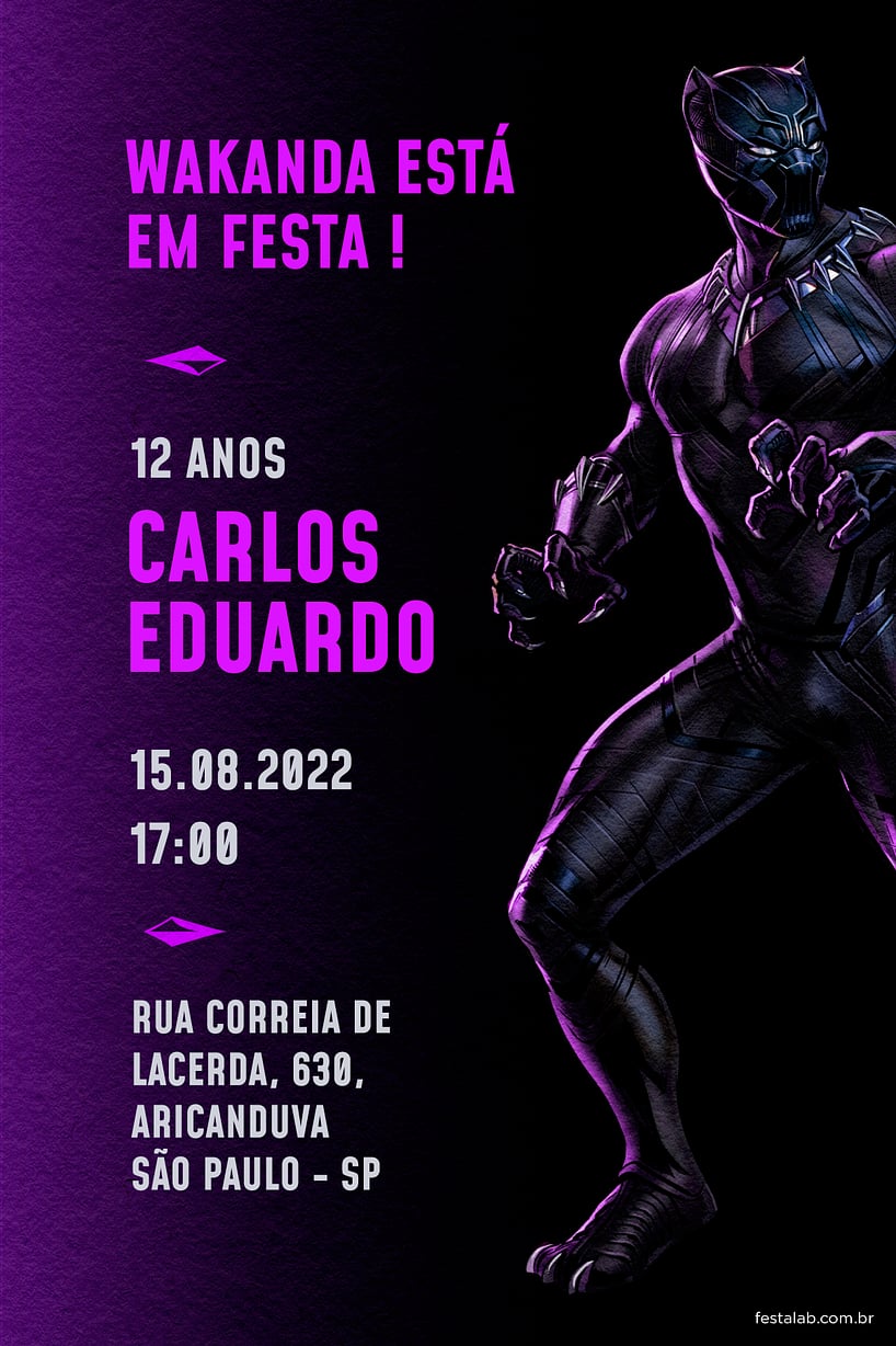 Modelo de Convite de Aniversario - Pantera Negra Roxo Criar convite de aniversário - Pantera Negra Roxo| FestaLab