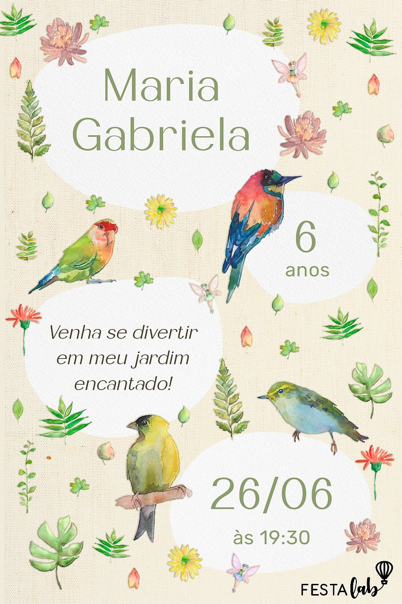 Modelo de Convite de Aniversario - Passarinhos no Jardim Criar convite de aniversário - Passarinhos no Jardim| FestaLab