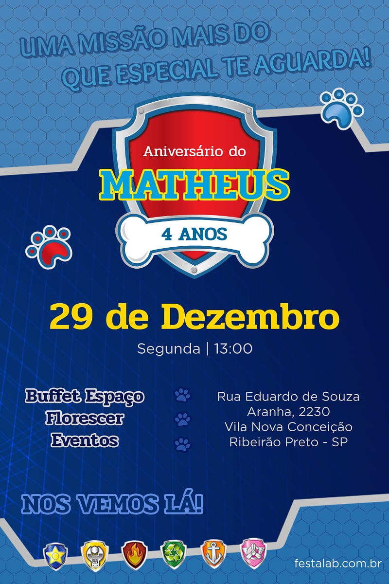Modelo de Convite de Aniversario - Patrulha Canina Criar convite de aniversário - Patrulha Canina| FestaLab