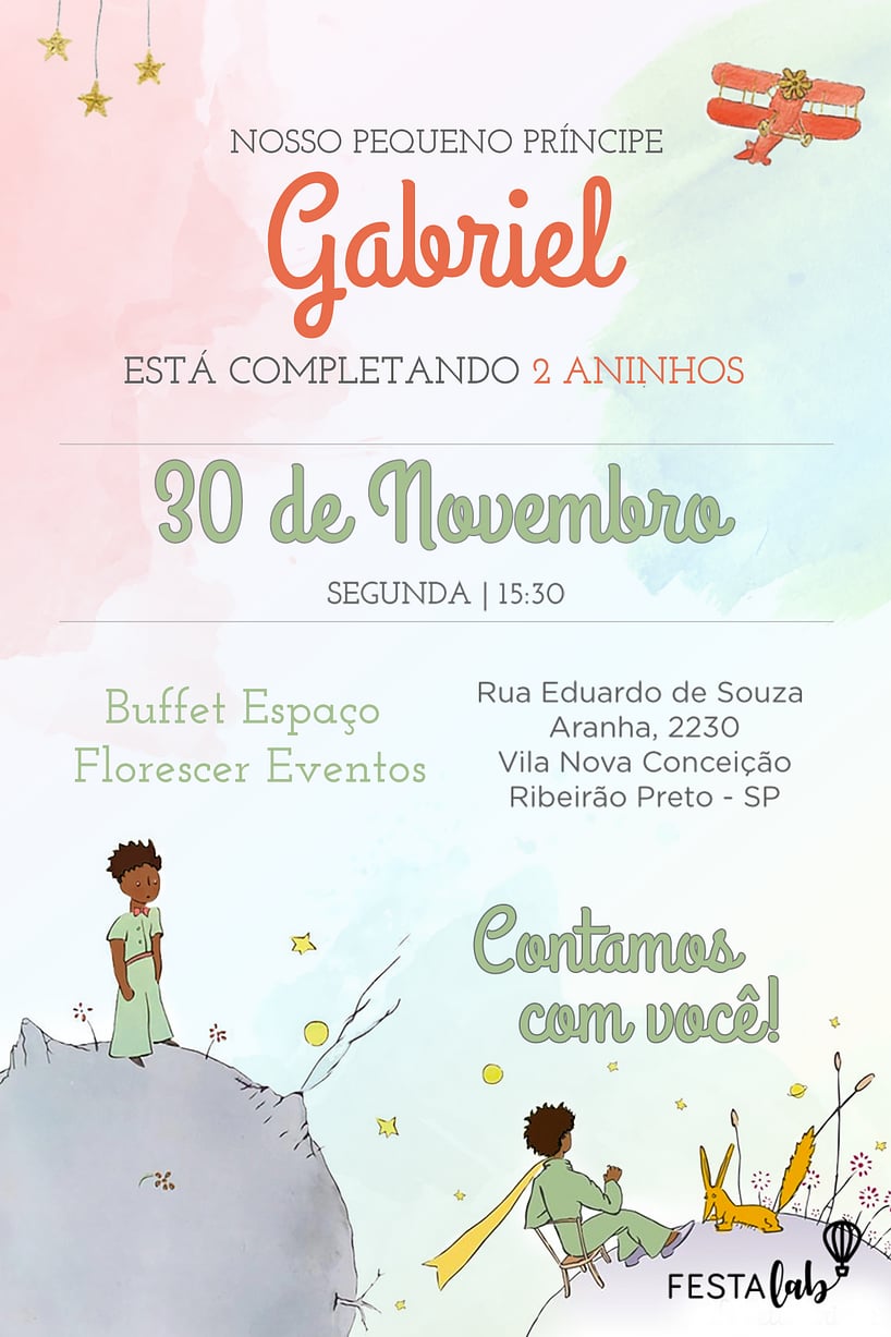 Modelo de Convite de Aniversario - Pequeno Principe Moreno Criar convite de aniversário - Pequeno Príncipe Moreno| FestaLab