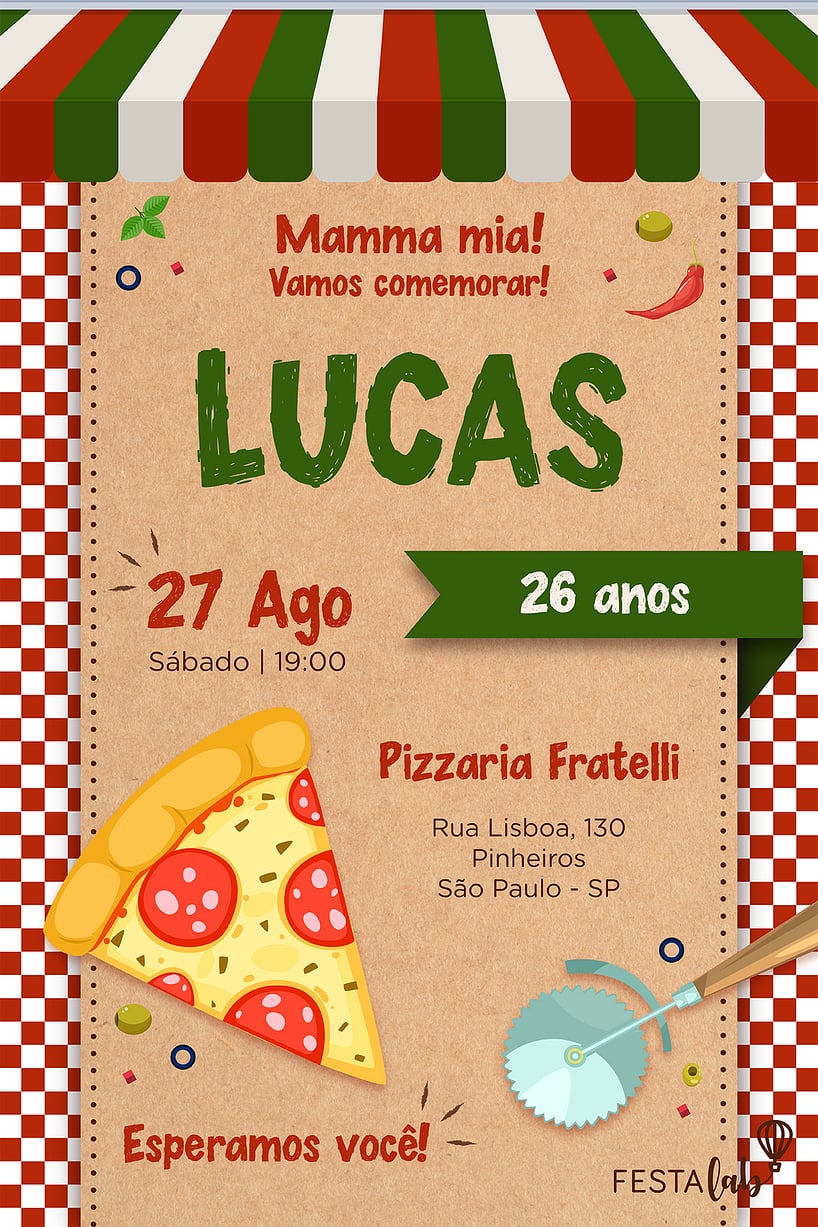 Modelo de Convite de Aniversario - Pizza Criar convite de aniversário - Pizza| FestaLab