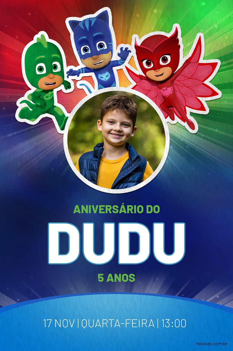 Modelo de Convite de Aniversario - PJ Mask - Herois azul Criar convite de aniversário - PJ Mask - Heróis azul| FestaLab