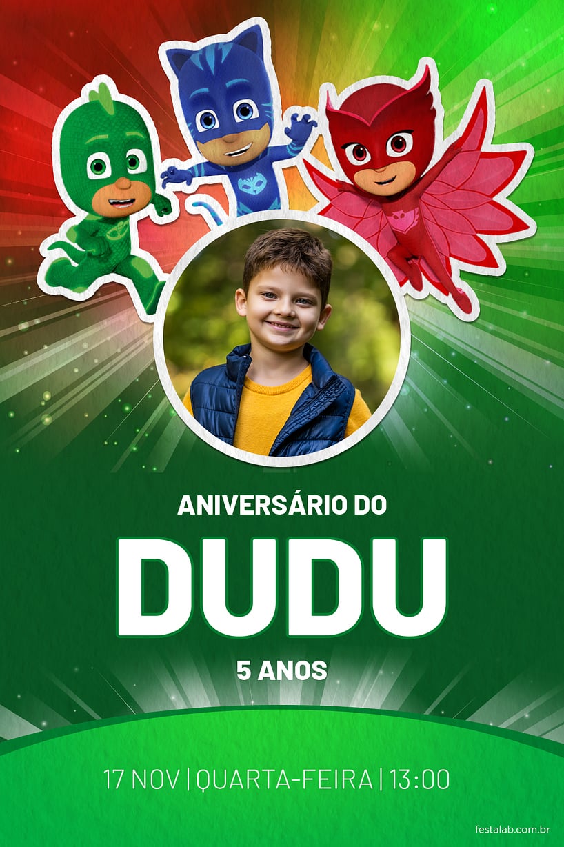 Modelo de Convite de Aniversario - PJ Mask - Herois verde Criar convite de aniversário - PJ Mask - Heróis verde| FestaLab