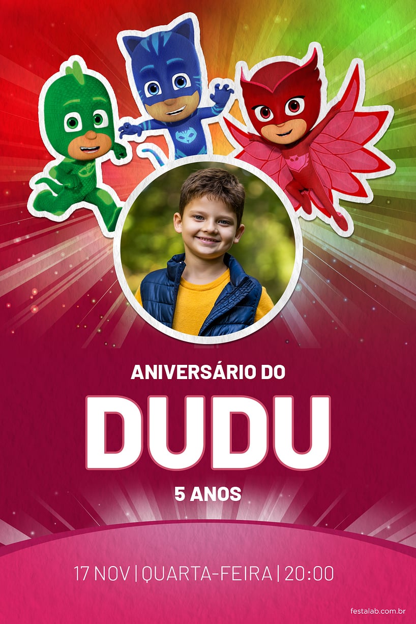 Modelo de Convite de Aniversario - PJ Mask - Herois vermelho Criar convite de aniversário - PJ Mask - Heróis vermelho| FestaLab