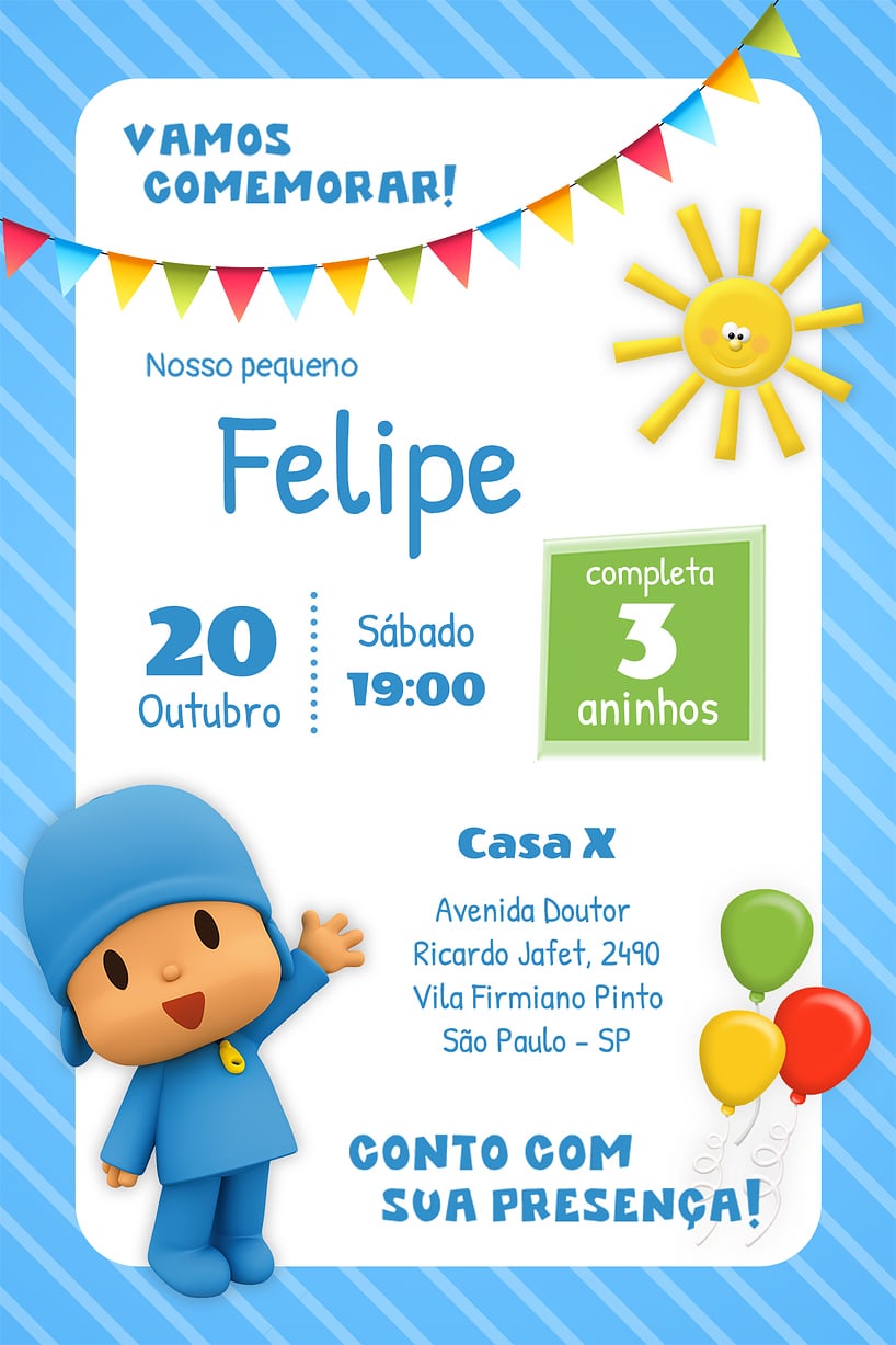 Modelo de Convite de Aniversario - Pocoyo Criar convite de aniversário - Pocoyo| FestaLab