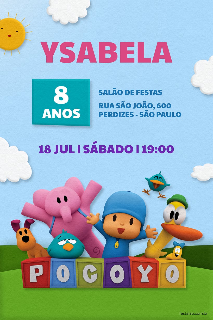 Modelo de Convite de Aniversario - Pocoyo e seus Amigos Criar convite de aniversário - Pocoyo e seus Amigos| FestaLab