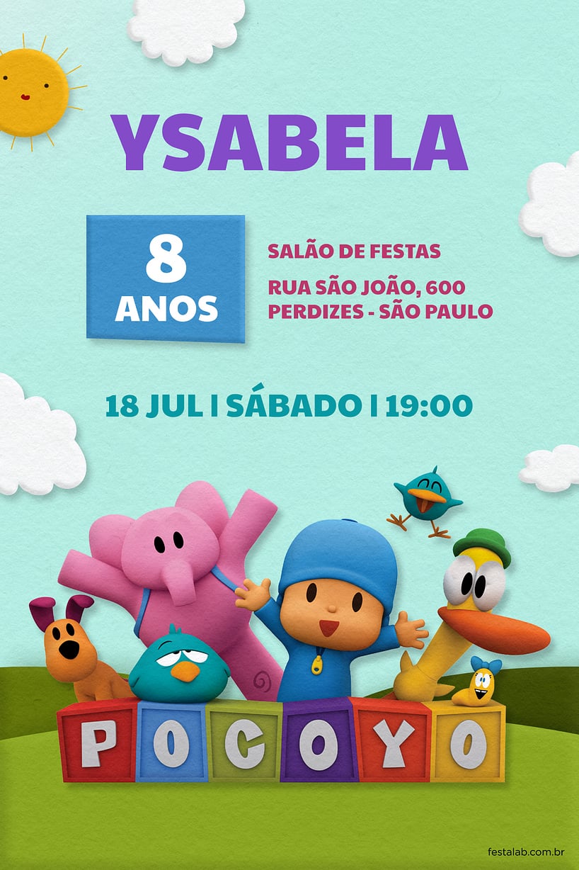 Modelo de Convite de Aniversario - Pocoyo e seus Amigos Azul Criar convite de aniversário - Pocoyo e seus Amigos Azul| FestaLab