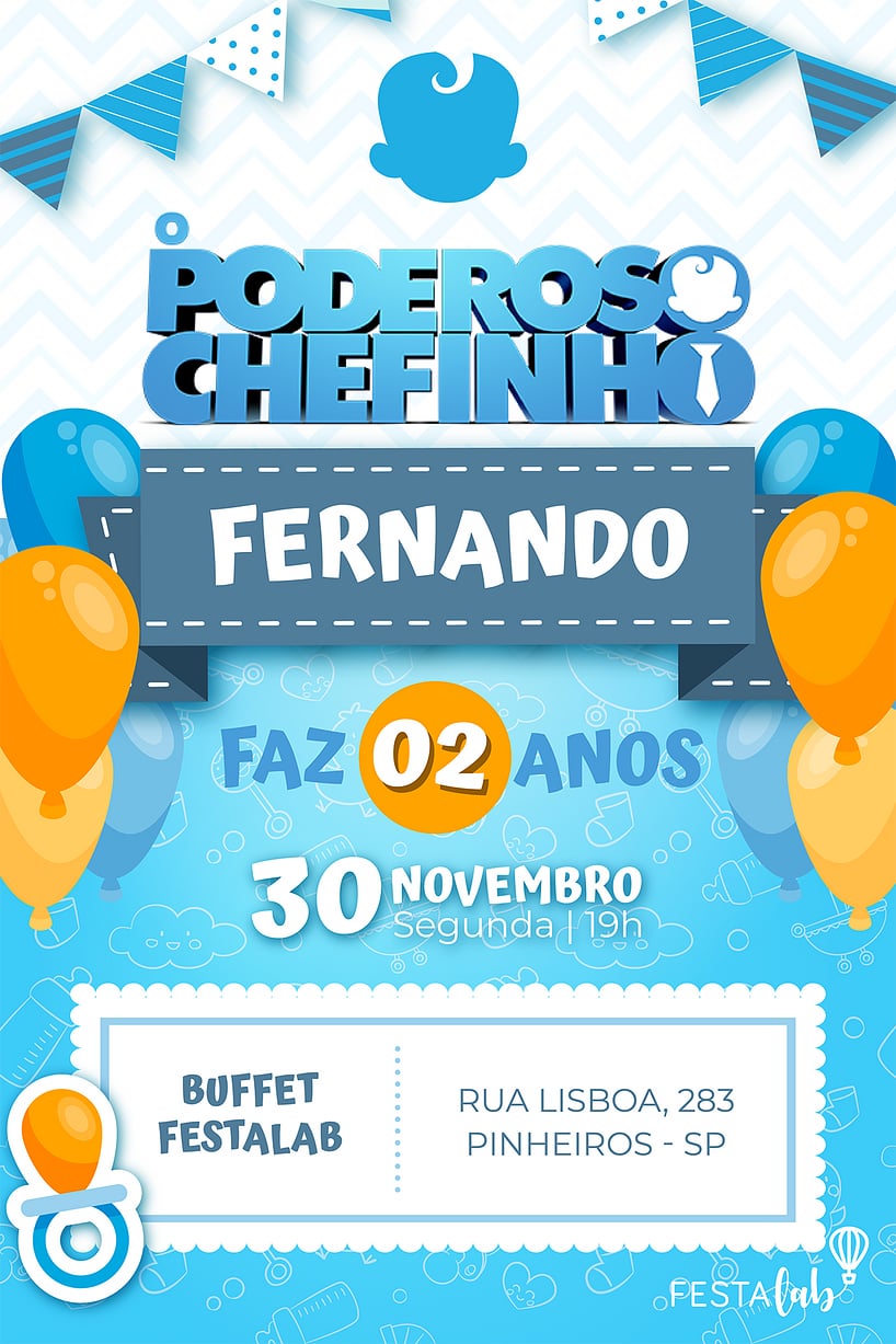Modelo de Convite de Aniversario - O Chefinho Chegou Criar convite de aniversário - O Chefinho Chegou| FestaLab