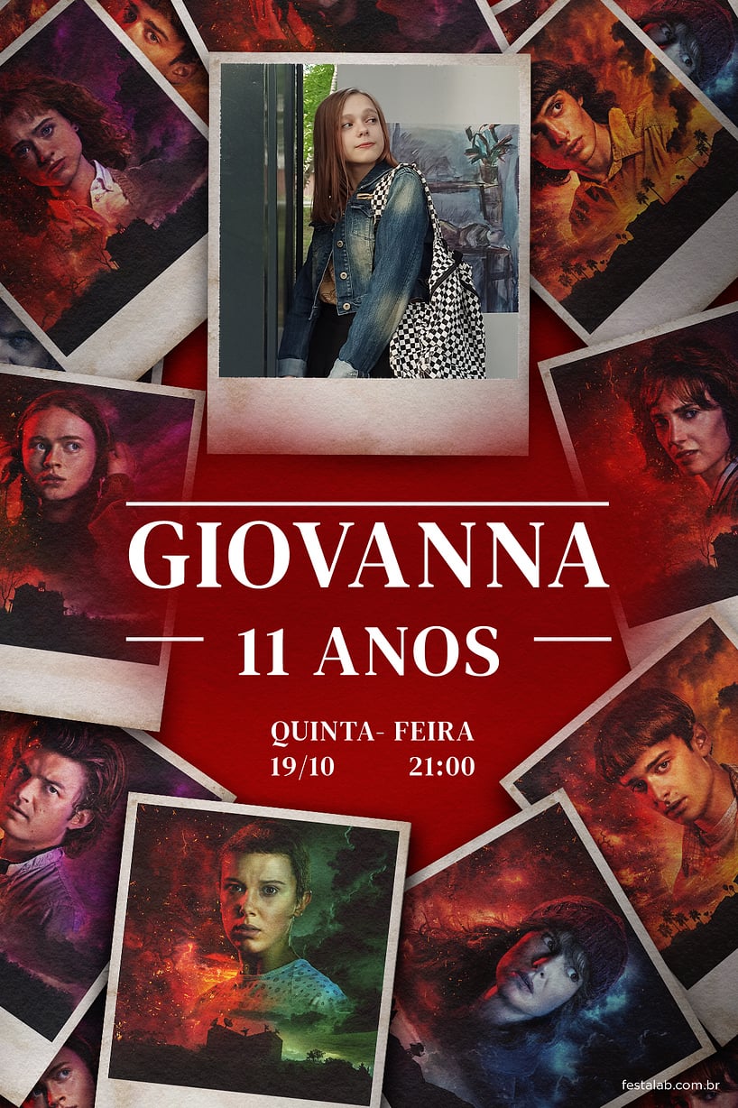 Modelo de Convite de Aniversario - Polaroid - stranger things Criar convite de aniversário - Polaroid - stranger things| FestaLab
