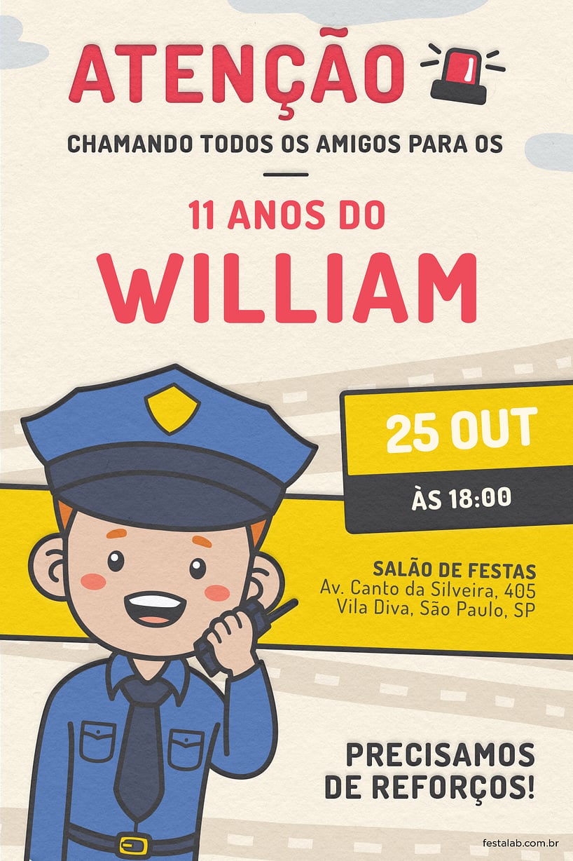 Modelo de Convite de Aniversario - Policial Pardo Criar convite de aniversário - Policial Pardo| FestaLab