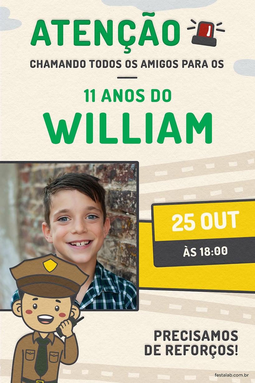 Modelo de Convite de Aniversario - Policia Amarelo Criar convite de aniversário - Policia Amarelo| FestaLab