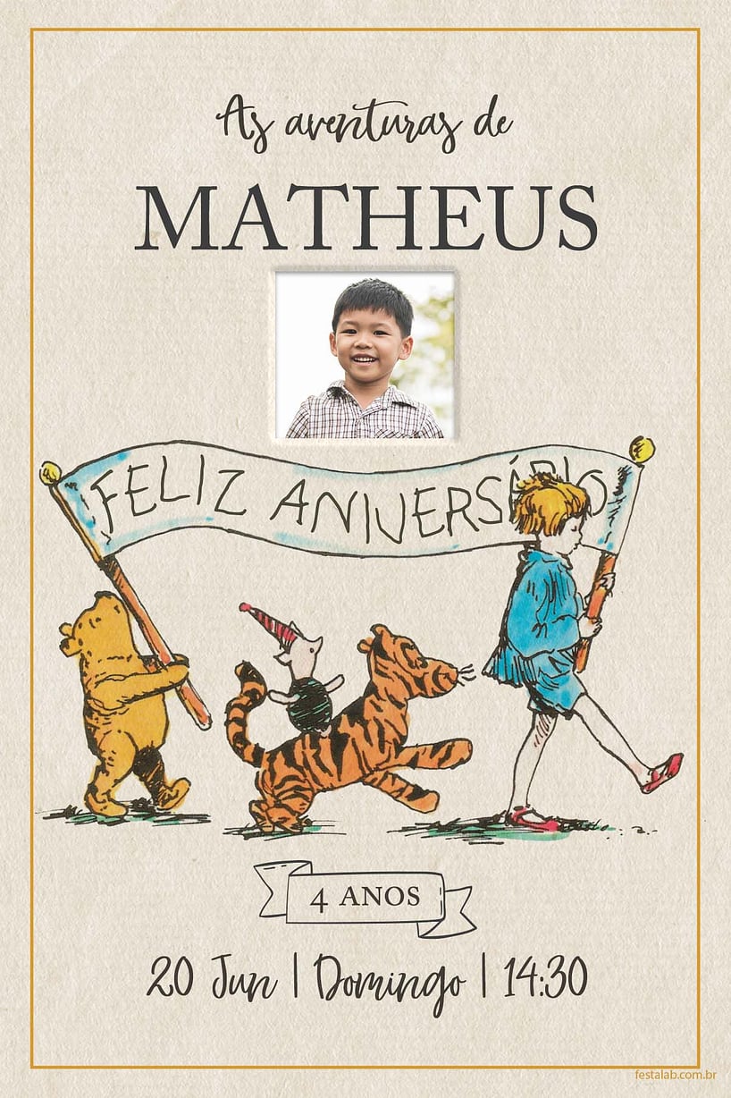Modelo de Convite de Aniversario - Pooh classico Criar convite de aniversário - Pooh clássico| FestaLab