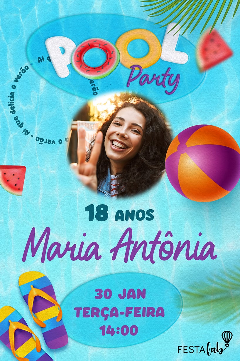 Modelo de Convite de Aniversario - Pool Party Verao Criar convite de aniversário - Pool Party Verão| FestaLab