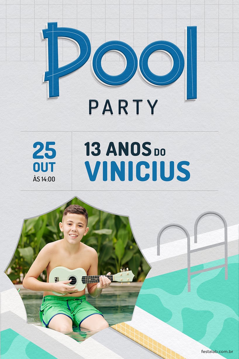 Modelo de Convite de Aniversario - Pool Party Azul Criar convite de aniversário - Pool Party Azul| FestaLab