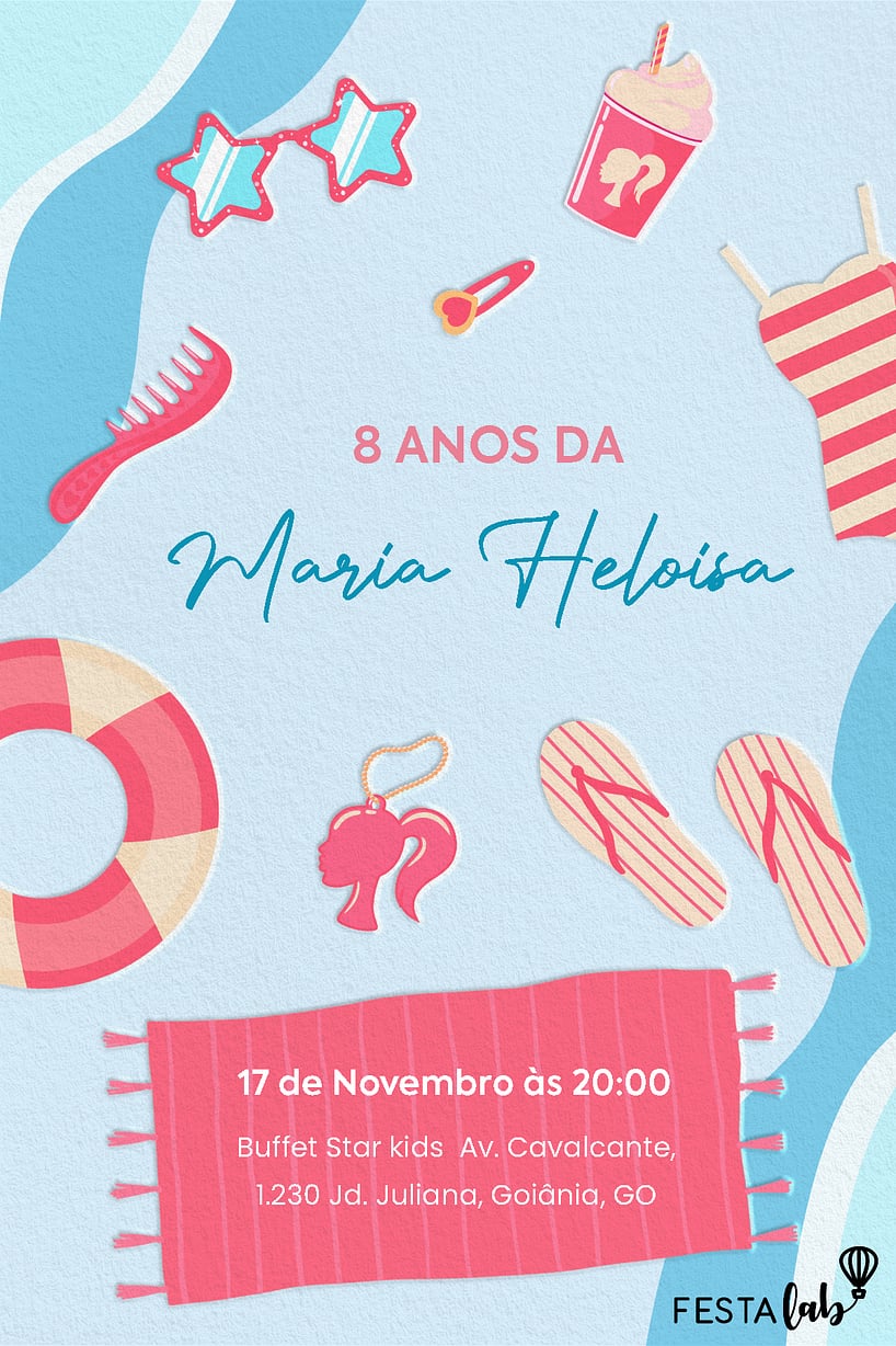 Modelo de Convite de Aniversario - Poolparty da Barbie Criar convite de aniversário - Poolparty da Barbie| FestaLab