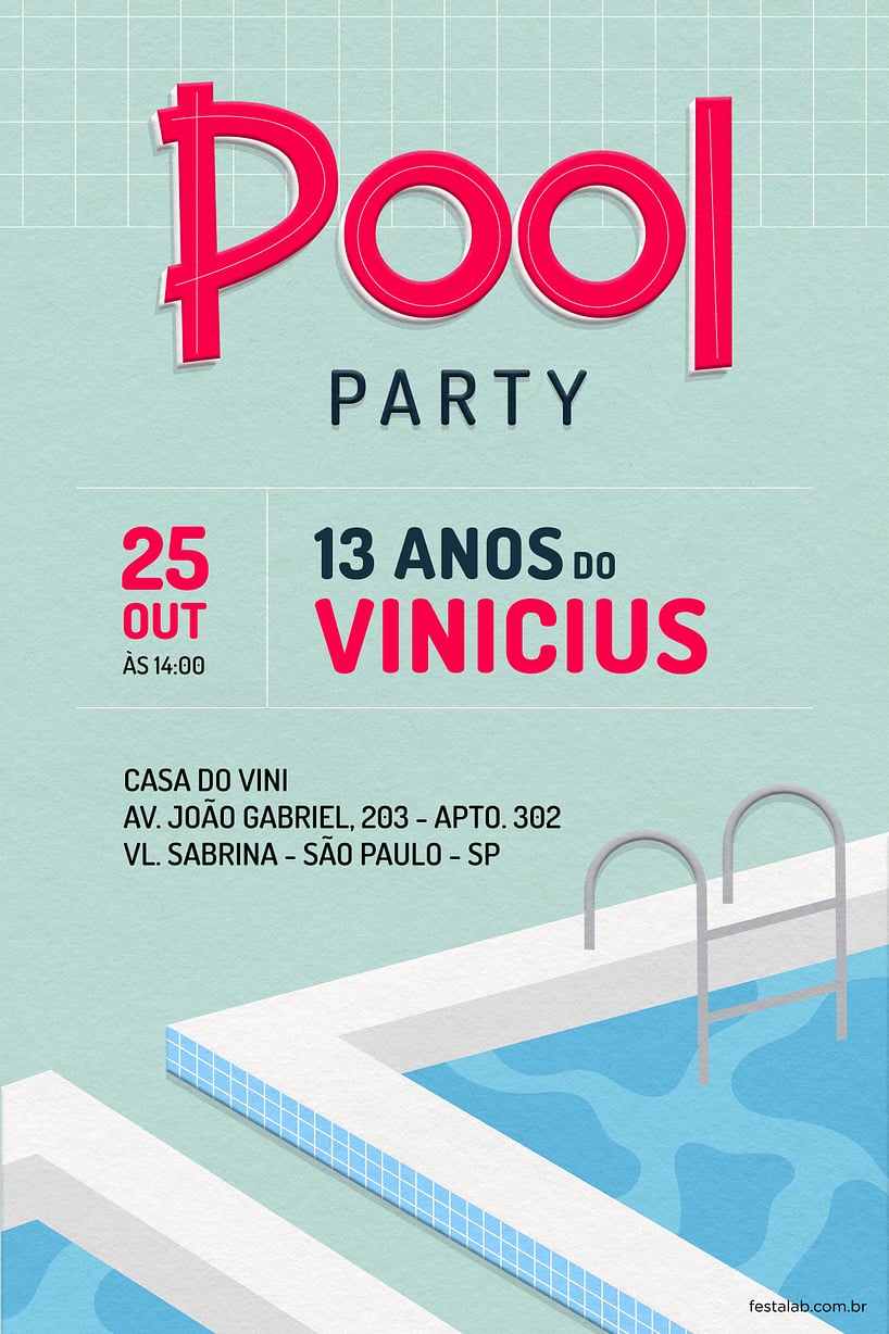 Modelo de Convite de Aniversario - Pool Party Rosa Criar convite de aniversário - Pool Party Rosa| FestaLab