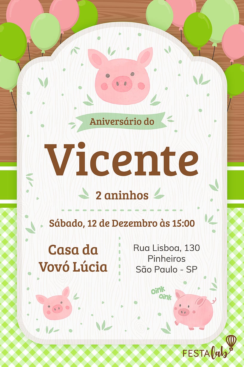 Modelo de Convite de Aniversario - Porquinhos Criar convite de aniversário - Porquinhos| FestaLab