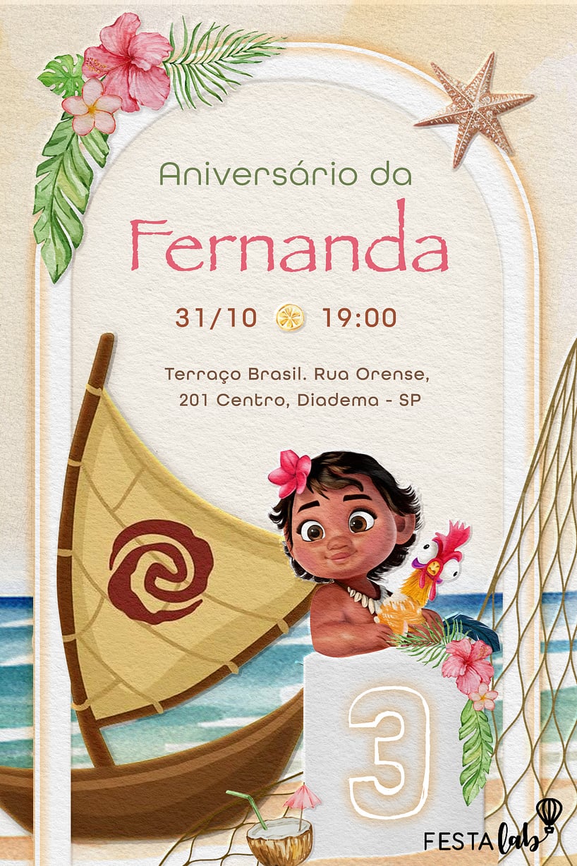 Modelo de Convite de Aniversario - Prainha da Moana Criar convite de aniversário - Prainha da Moana| FestaLab