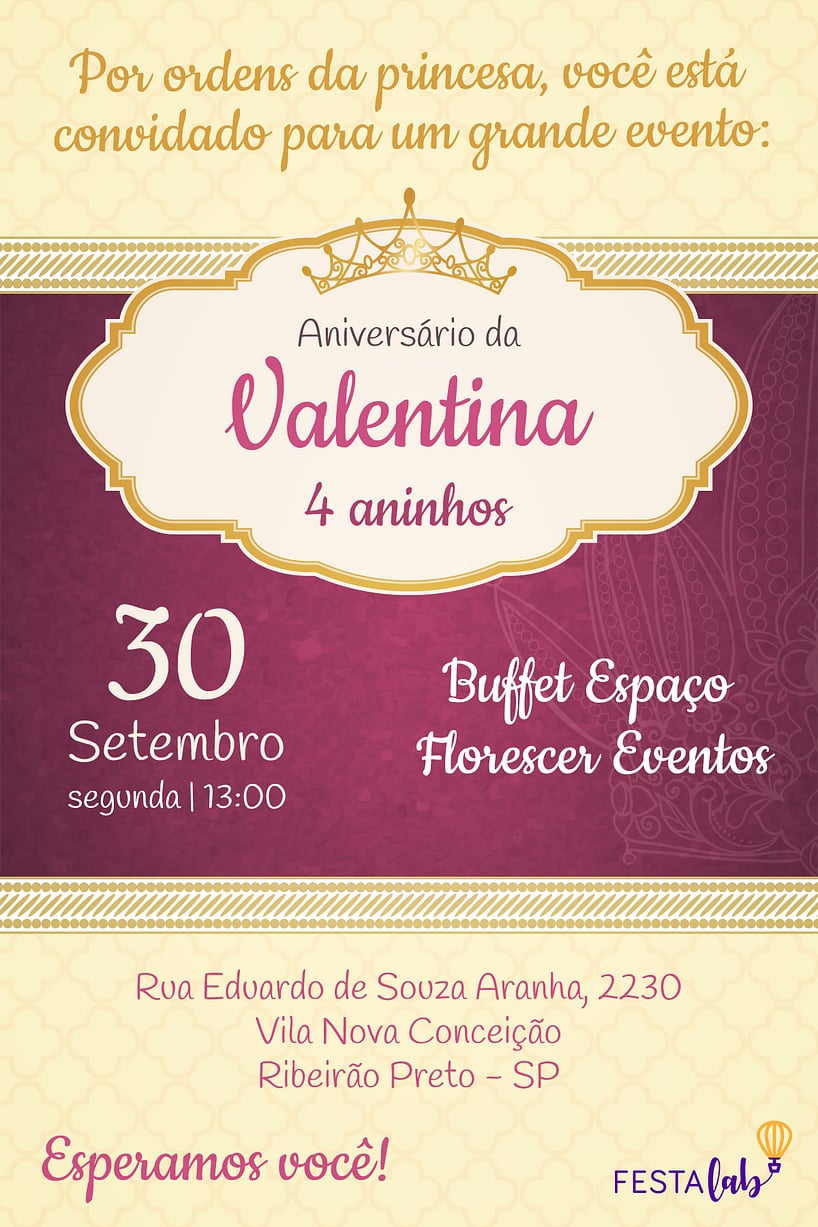 Modelo de Convite de Aniversario - Princesa Criar convite de aniversário - Princesa| FestaLab