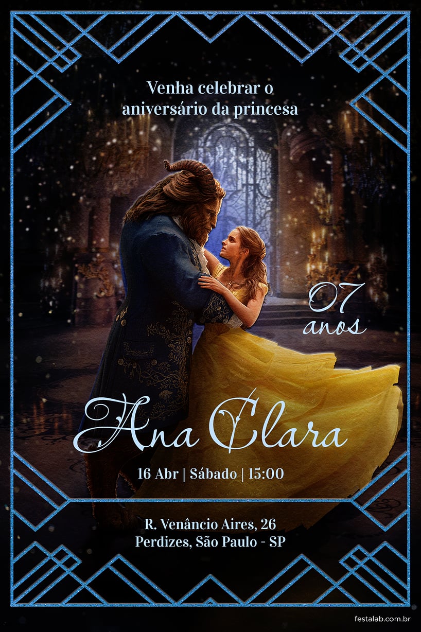 Modelo de Convite de Aniversario - Princesa Bela azul Criar convite de aniversário - Princesa Bela azul| FestaLab