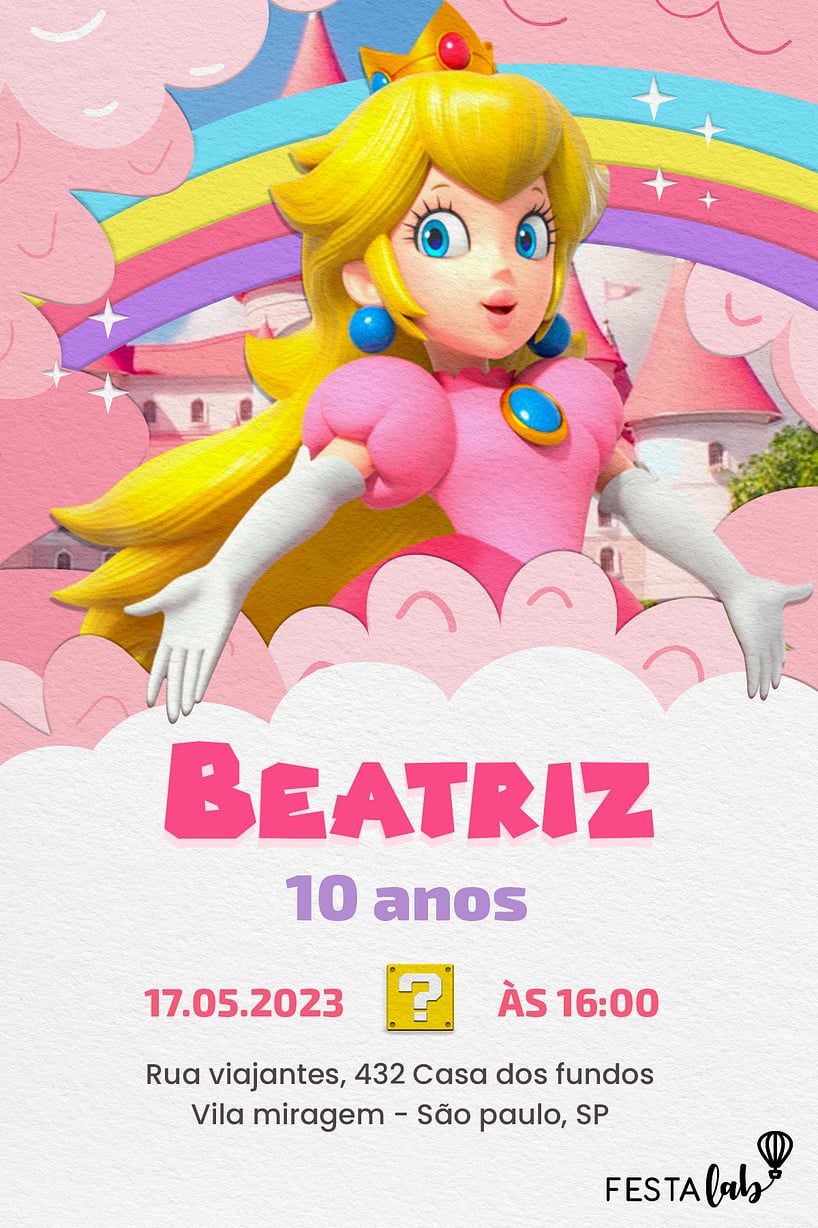 Modelo de Convite de Aniversario - Princesa Peach Criar convite de aniversário - Princesa Peach| FestaLab