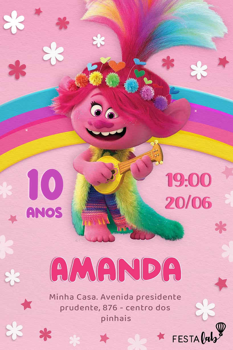 Modelo de Convite de Aniversario - Princesa Poppy Criar convite de aniversário - Princesa Poppy| FestaLab