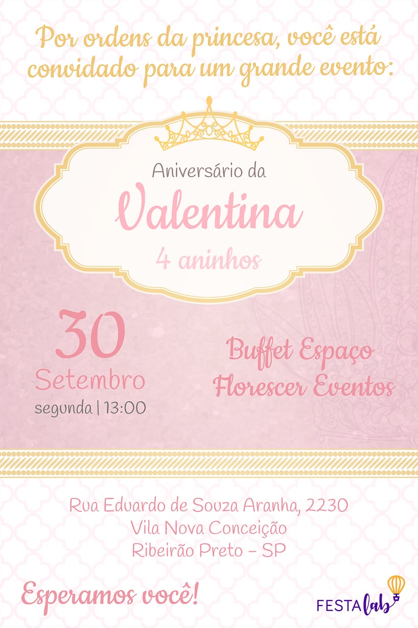 Modelo de Convite de Aniversario - Princesa Criar convite de aniversário - Princesa| FestaLab