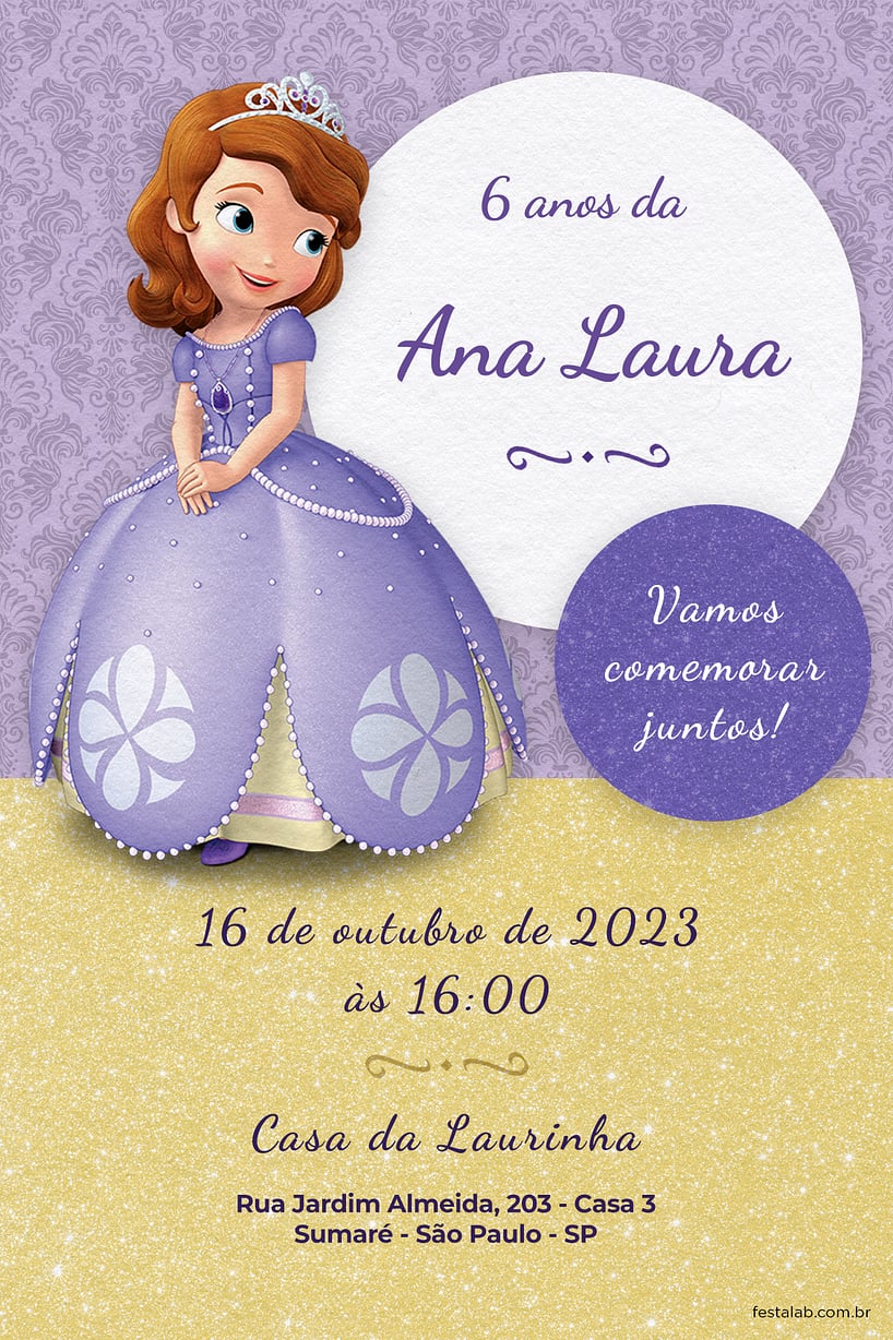 Modelo de Convite de Aniversario - Princesa Sofia Criar convite de aniversário - Princesa Sofia| FestaLab