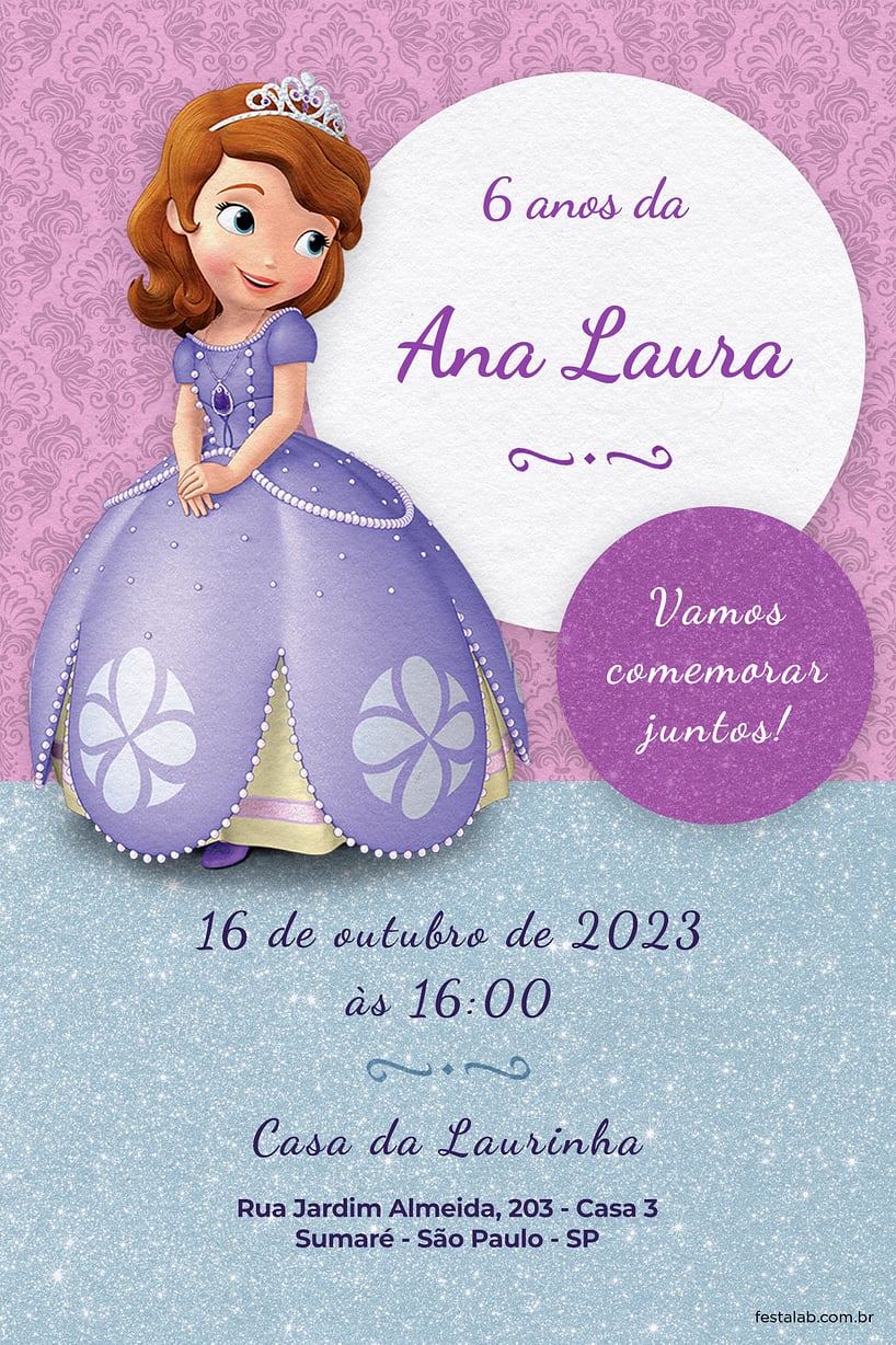 Modelo de Convite de Aniversario - Princesa Sofia Criar convite de aniversário - Princesa Sofia| FestaLab