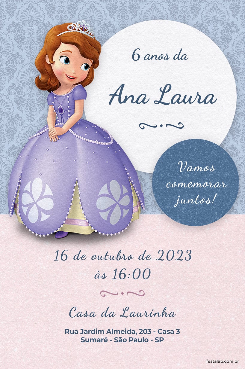 Modelo de Convite de Aniversario - Princesa Sofia Criar convite de aniversário - Princesa Sofia| FestaLab