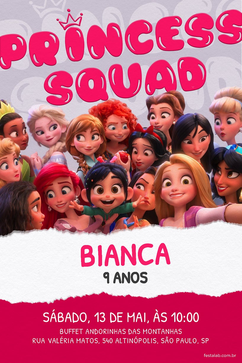 Modelo de Convite de Aniversario - Princess Squad Criar convite de aniversário - Princess Squad| FestaLab