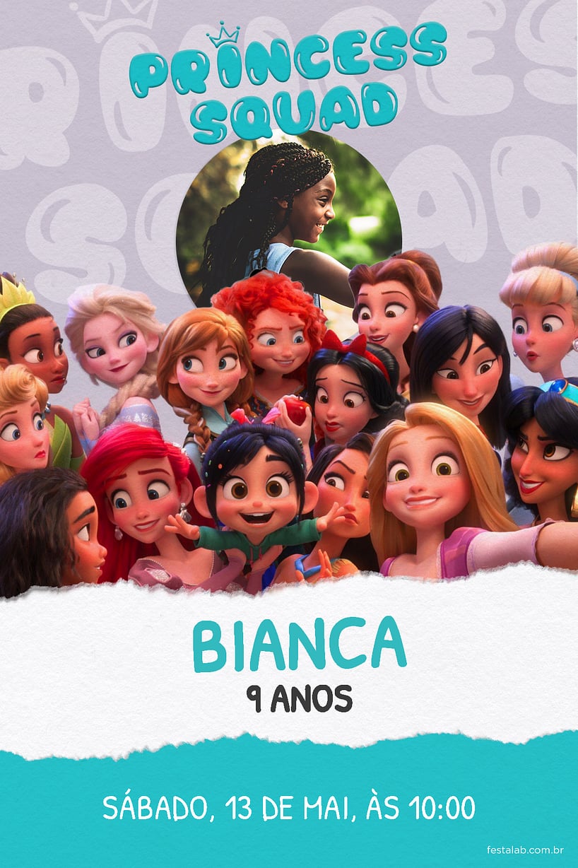 Modelo de Convite de Aniversario - Princess Squad Criar convite de aniversário - Princess Squad| FestaLab