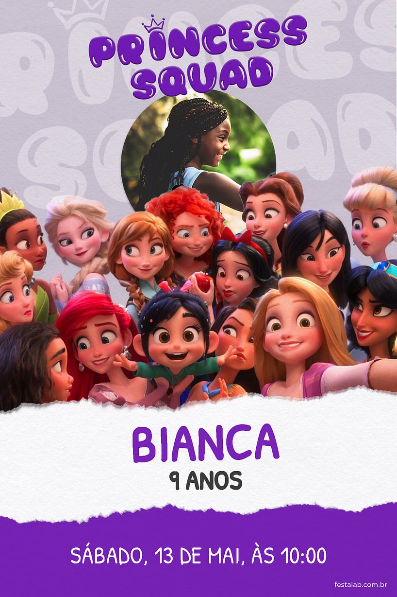 Modelo de Convite de Aniversario - Princess Squad Criar convite de aniversário - Princess Squad| FestaLab