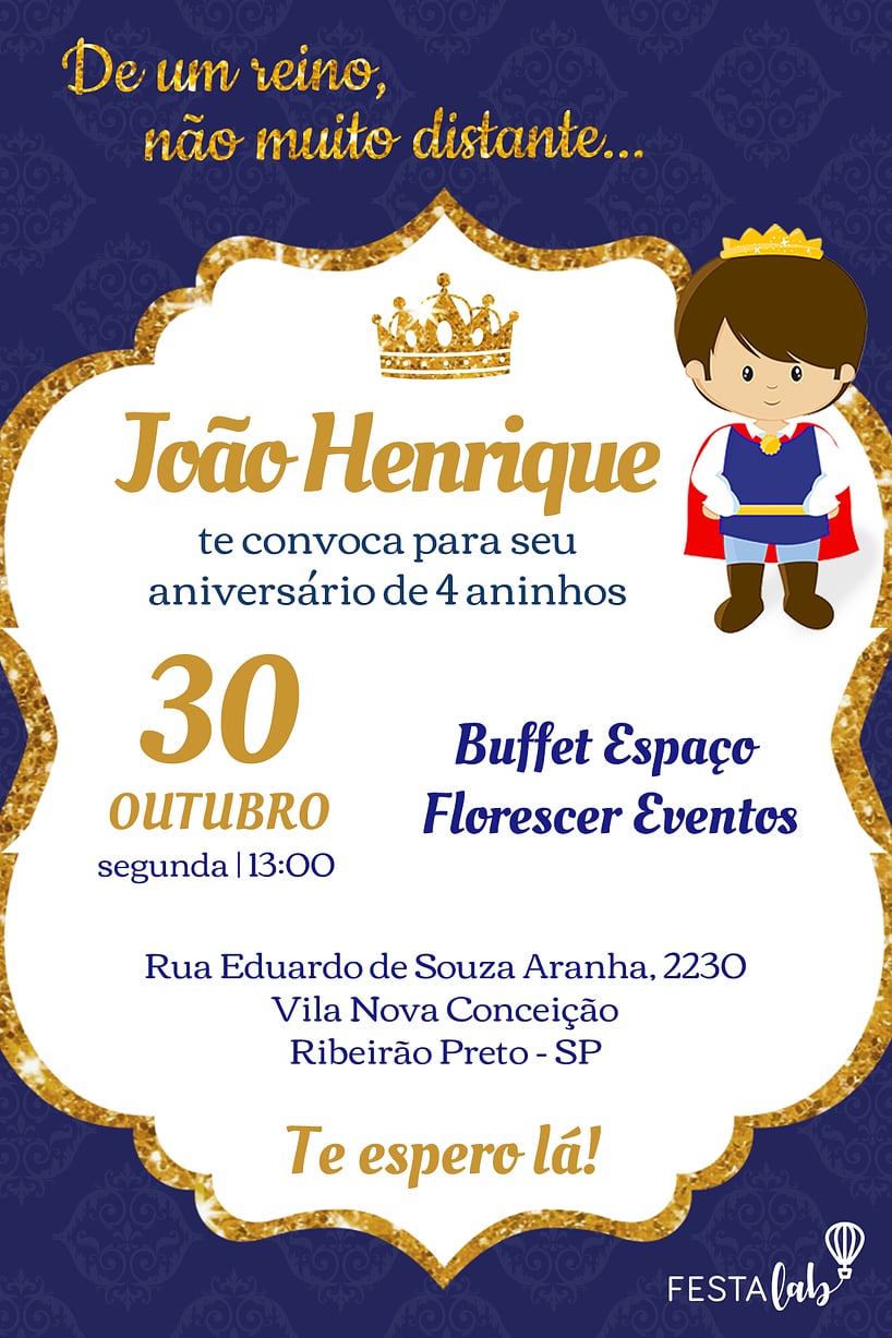 Modelo de Convite de Aniversario - Principe Realeza Criar convite de aniversário - Príncipe Realeza| FestaLab