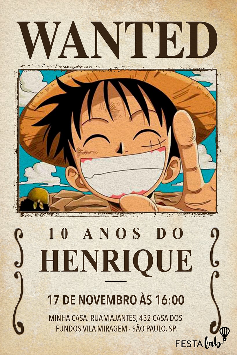 Modelo de Convite de Aniversario - Procura-se Luffy Criar convite de aniversário - Procura-se Luffy| FestaLab