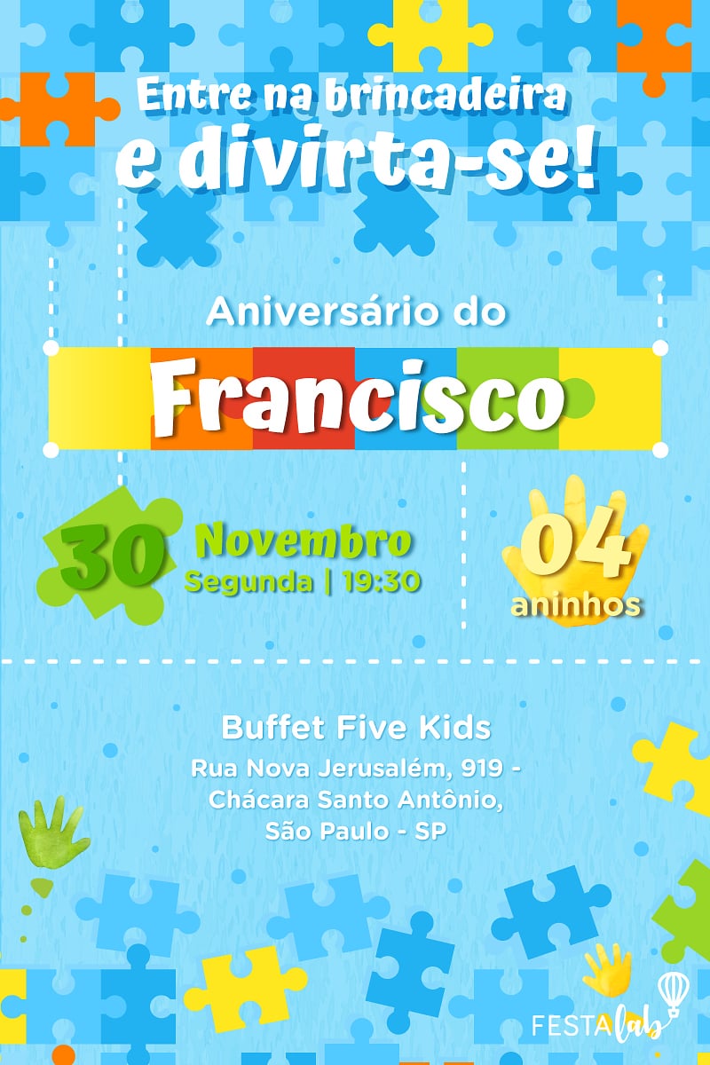 Modelo de Convite de Aniversario - Quebra Cabeca Criar convite de aniversário - Quebra Cabeça| FestaLab