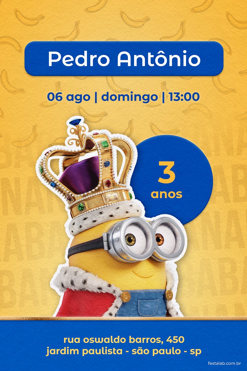 Modelo de Convite de Aniversario - Rei Minion Criar convite de aniversário - Rei Minion| FestaLab