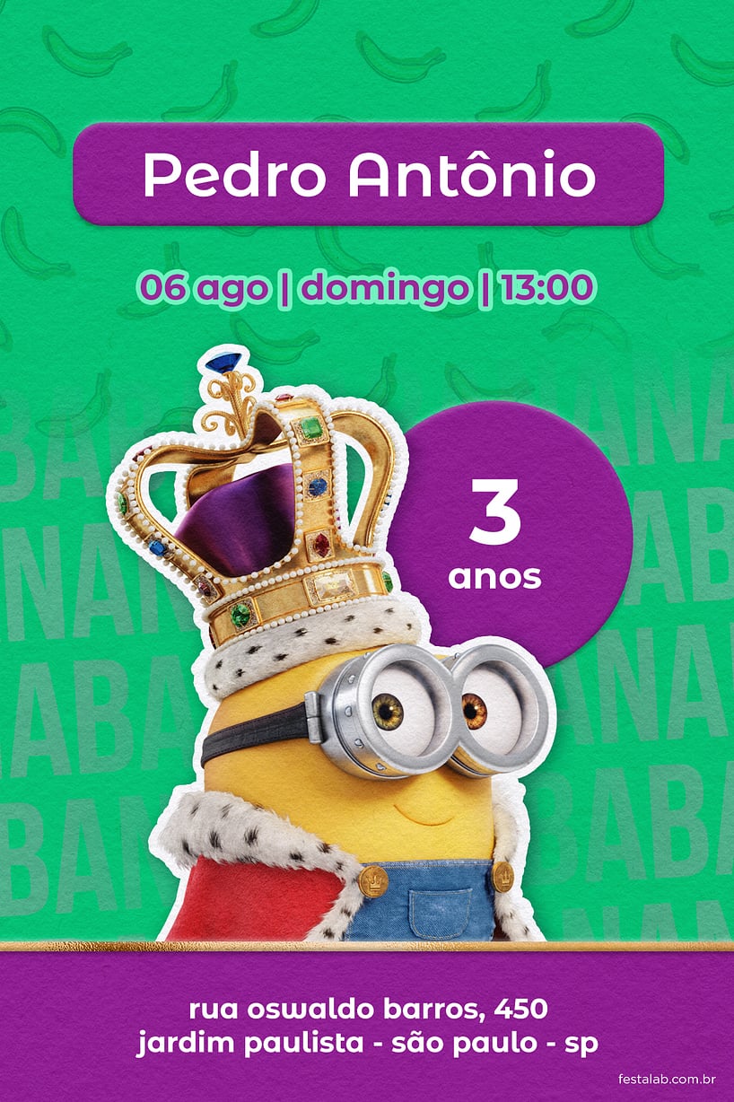 Modelo de Convite de Aniversario - Rei minion verde Criar convite de aniversário - Rei minion verde| FestaLab