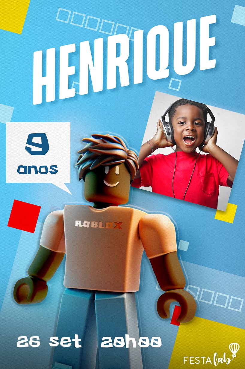 Modelo de Convite de Aniversario - Roblox em festa azul Criar convite de aniversário - Roblox em festa azul| FestaLab