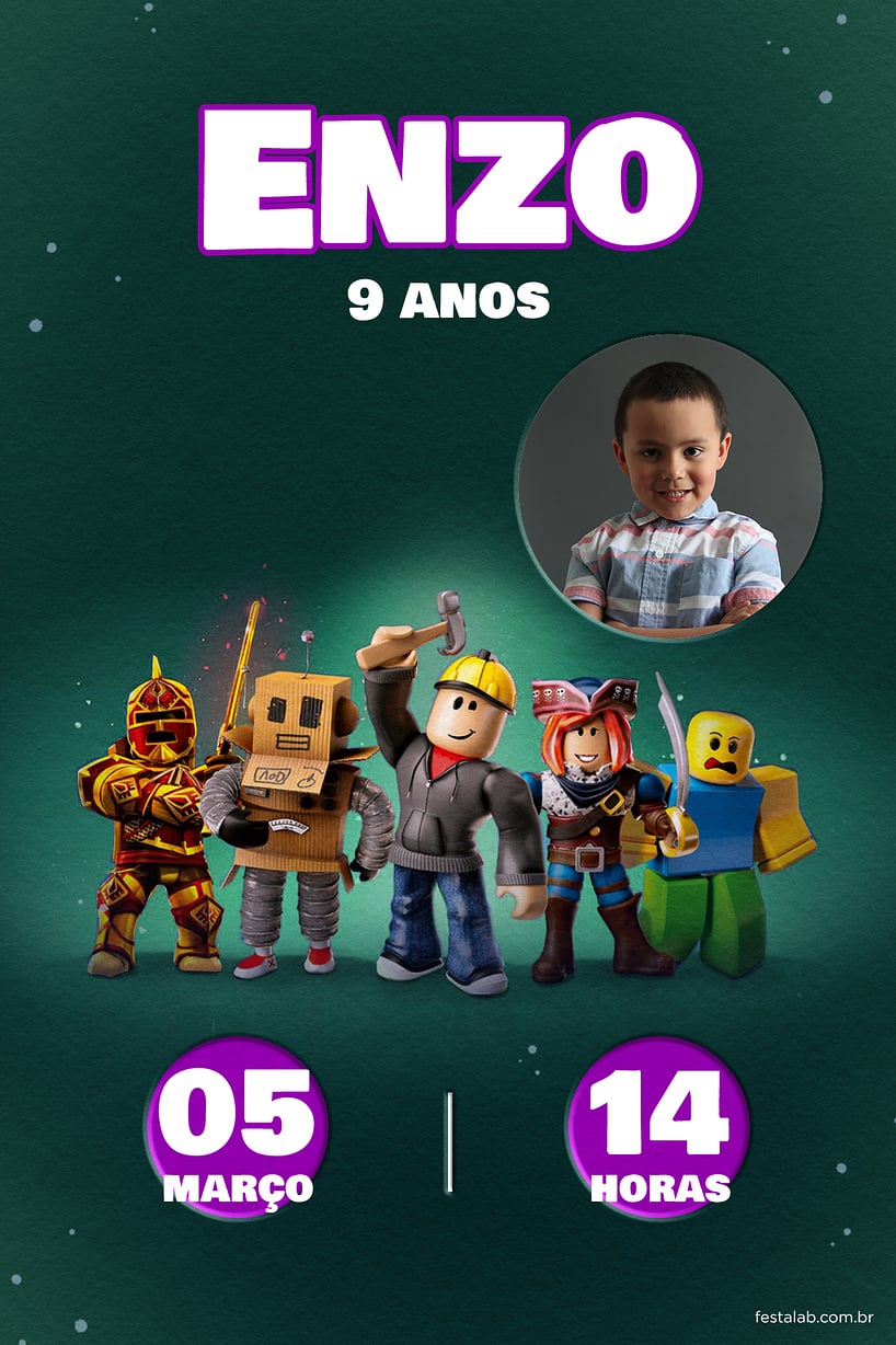Modelo de Convite de Aniversario - Roblox Verde Criar convite de aniversário - Roblox Verde| FestaLab