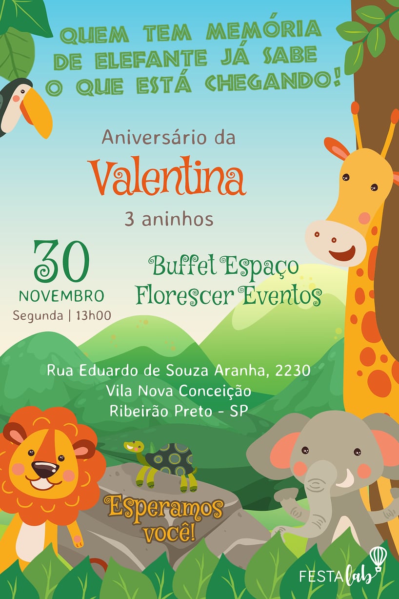 Modelo de Convite de Aniversario - Safari Criar convite de aniversário - Safari| FestaLab