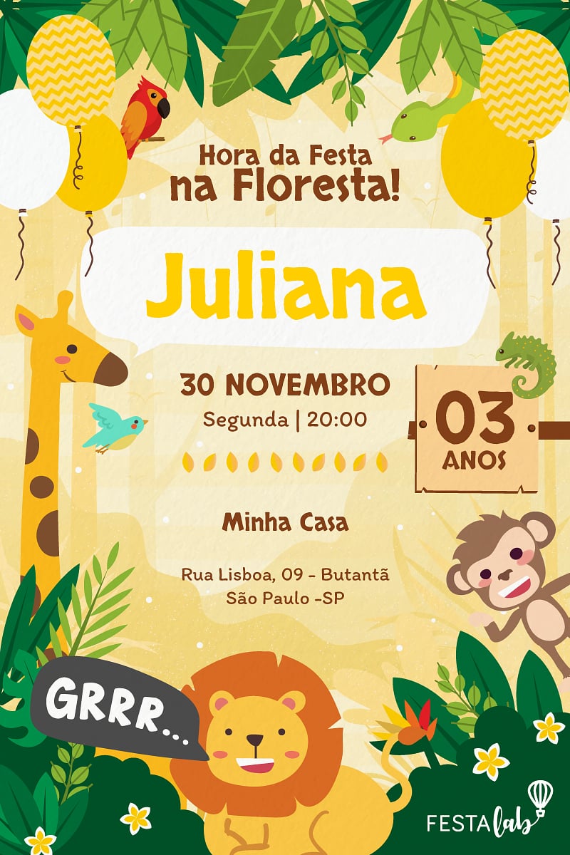 Modelo de Convite de Aniversario - Safari amarelo Criar convite de aniversário - Safari amarelo| FestaLab