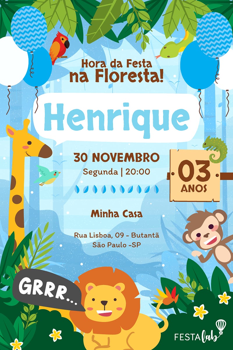 Modelo de Convite de Aniversario - Safari azul Criar convite de aniversário - Safari azul| FestaLab