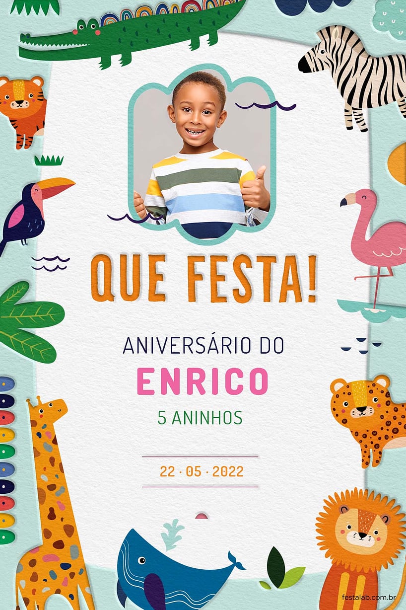 Modelo de Convite de Aniversario - Safari Baby Colorido Criar convite de aniversário - Safari Baby Colorido| FestaLab