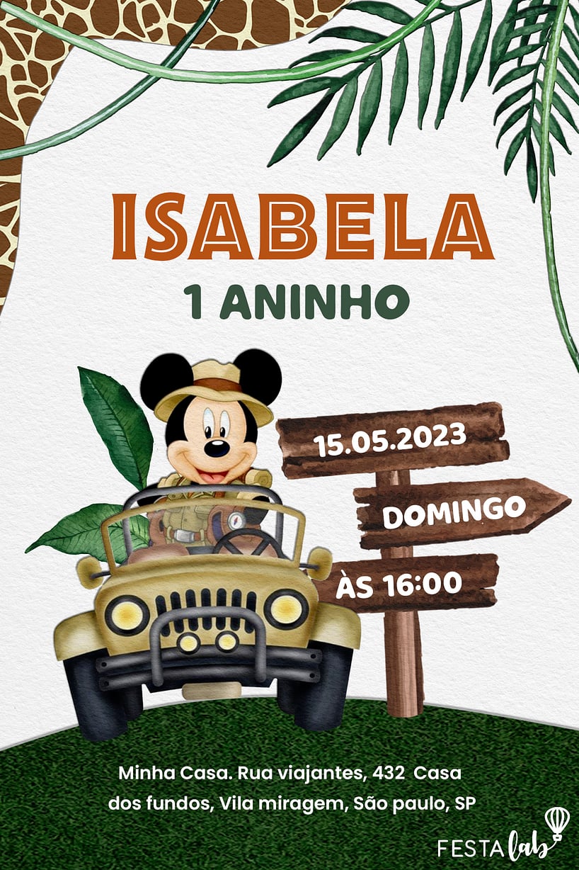 Modelo de Convite de Aniversario - Safari do Mickey Criar convite de aniversário - Safari do Mickey| FestaLab