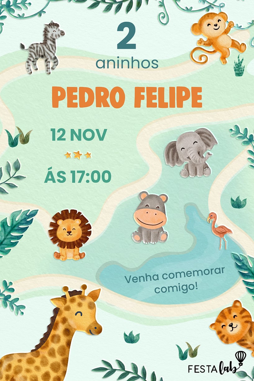Modelo de Convite de Aniversario - Safari dos Bichinhos Criar convite de aniversário - Safari dos Bichinhos| FestaLab