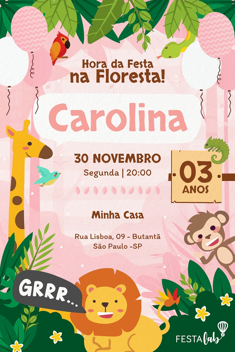 Modelo de Convite de Aniversario - Safari rosa Criar convite de aniversário - Safari rosa| FestaLab